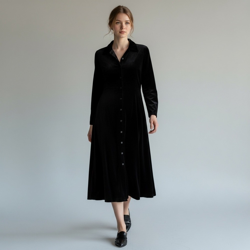 Coldwater Creek Womens Black Velvet Button Down Maxi Dress Long Sleeve Size 10